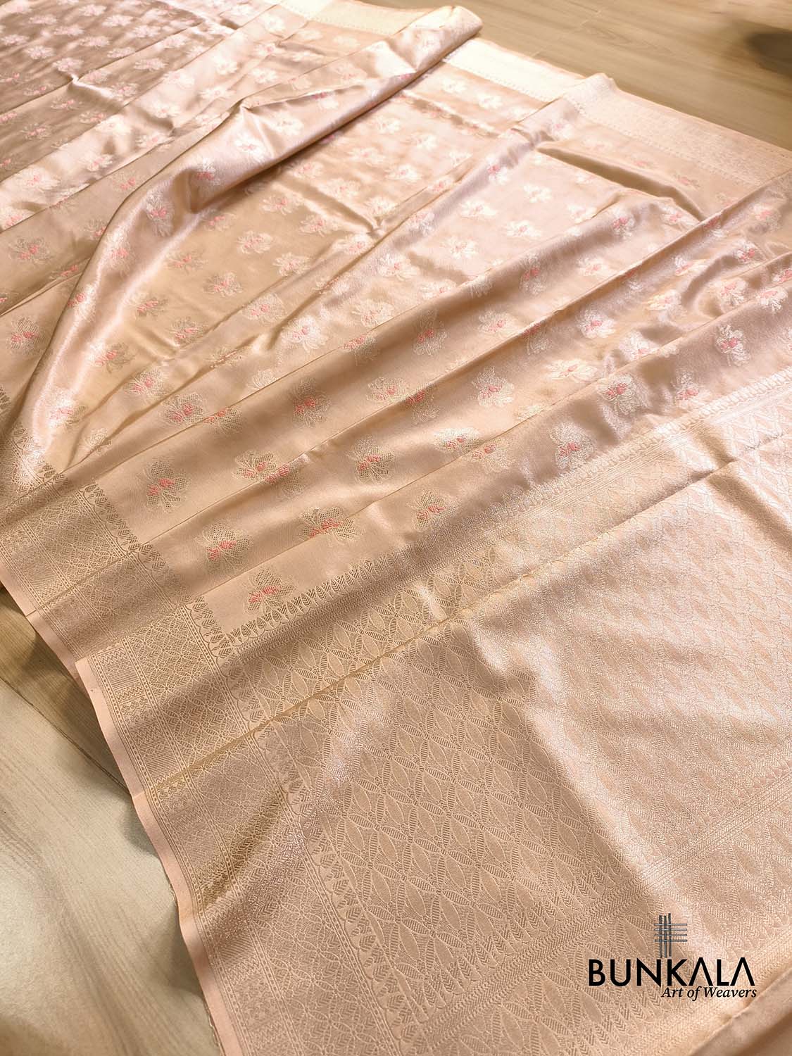 Pastel Peach Meena Buta Banarasi Tissue Silk Saree