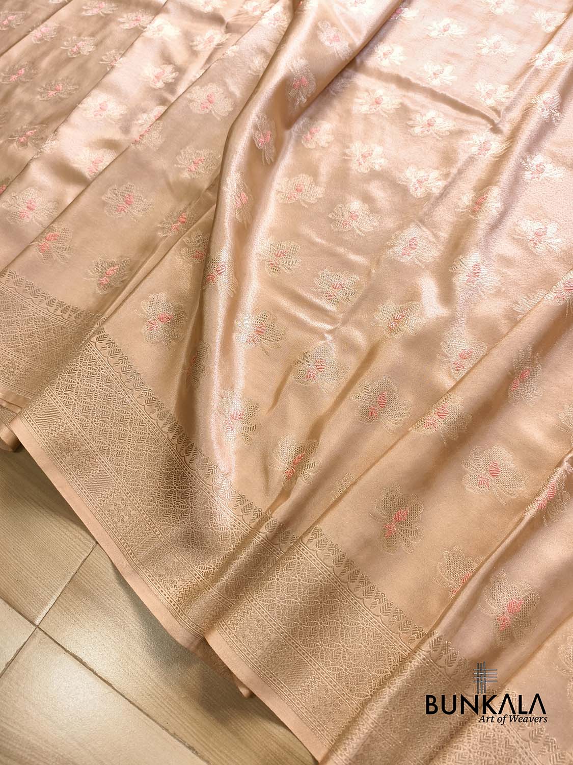 Pastel Peach Meena Buta Banarasi Tissue Silk Saree