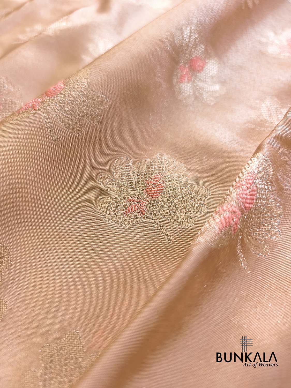 Pastel Peach Meena Buta Banarasi Tissue Silk Saree