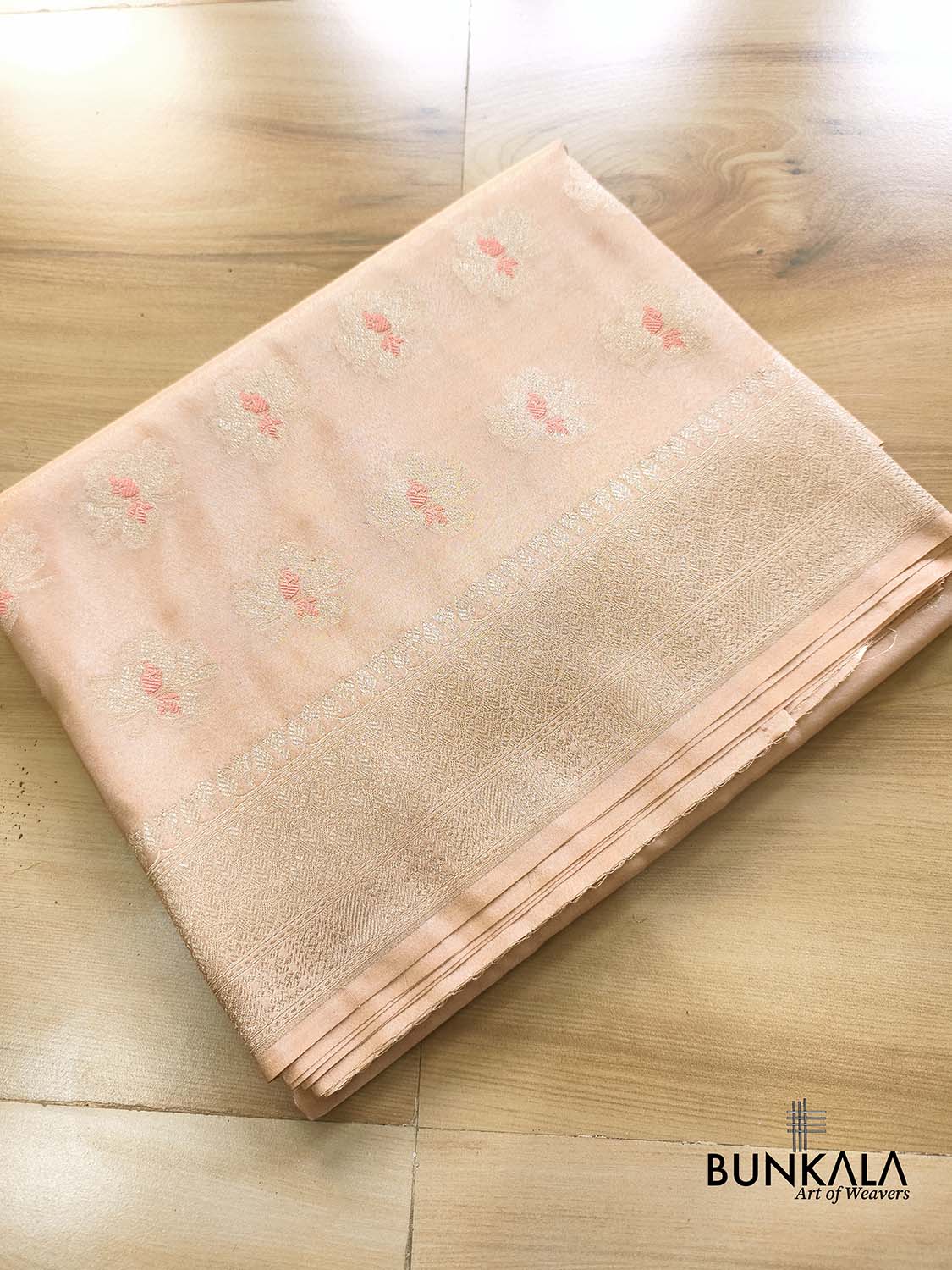 Pastel Peach Meena Buta Banarasi Tissue Silk Saree
