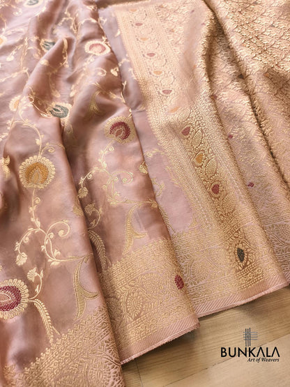 Pastel Peach Meena Jaal Banarasi Mashru Silk Saree