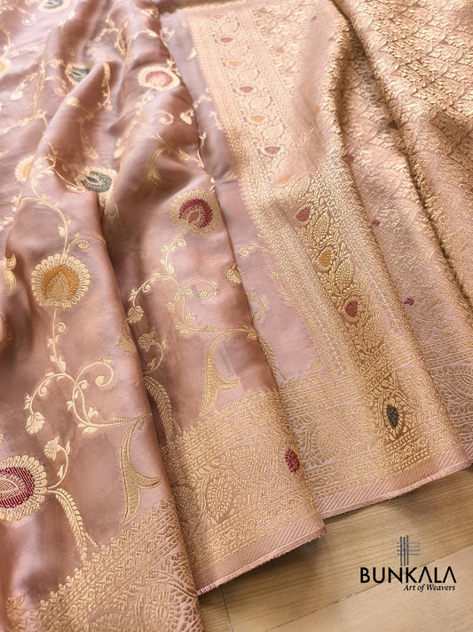 Pastel Peach Meena Jaal Banarasi Mashru Silk Saree