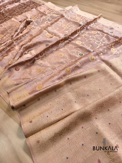 Pastel Peach Meena Jaal Banarasi Mashru Silk Saree