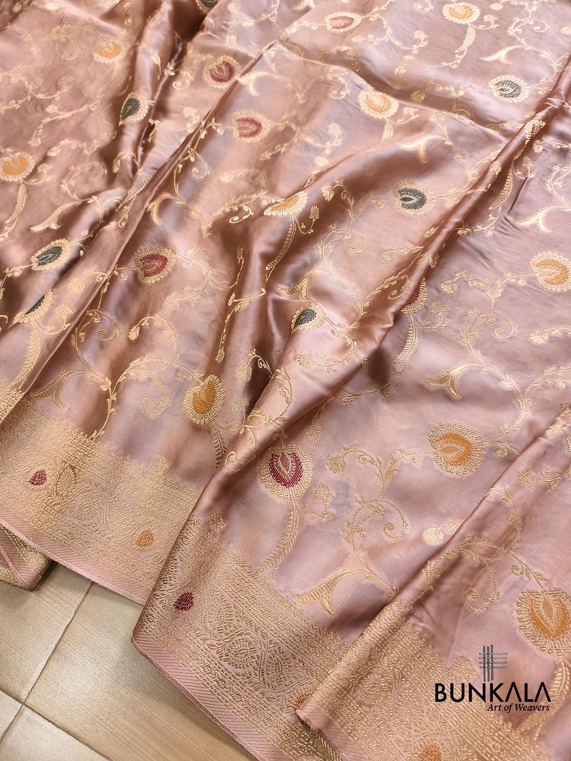 Pastel Peach Meena Jaal Banarasi Mashru Silk Saree