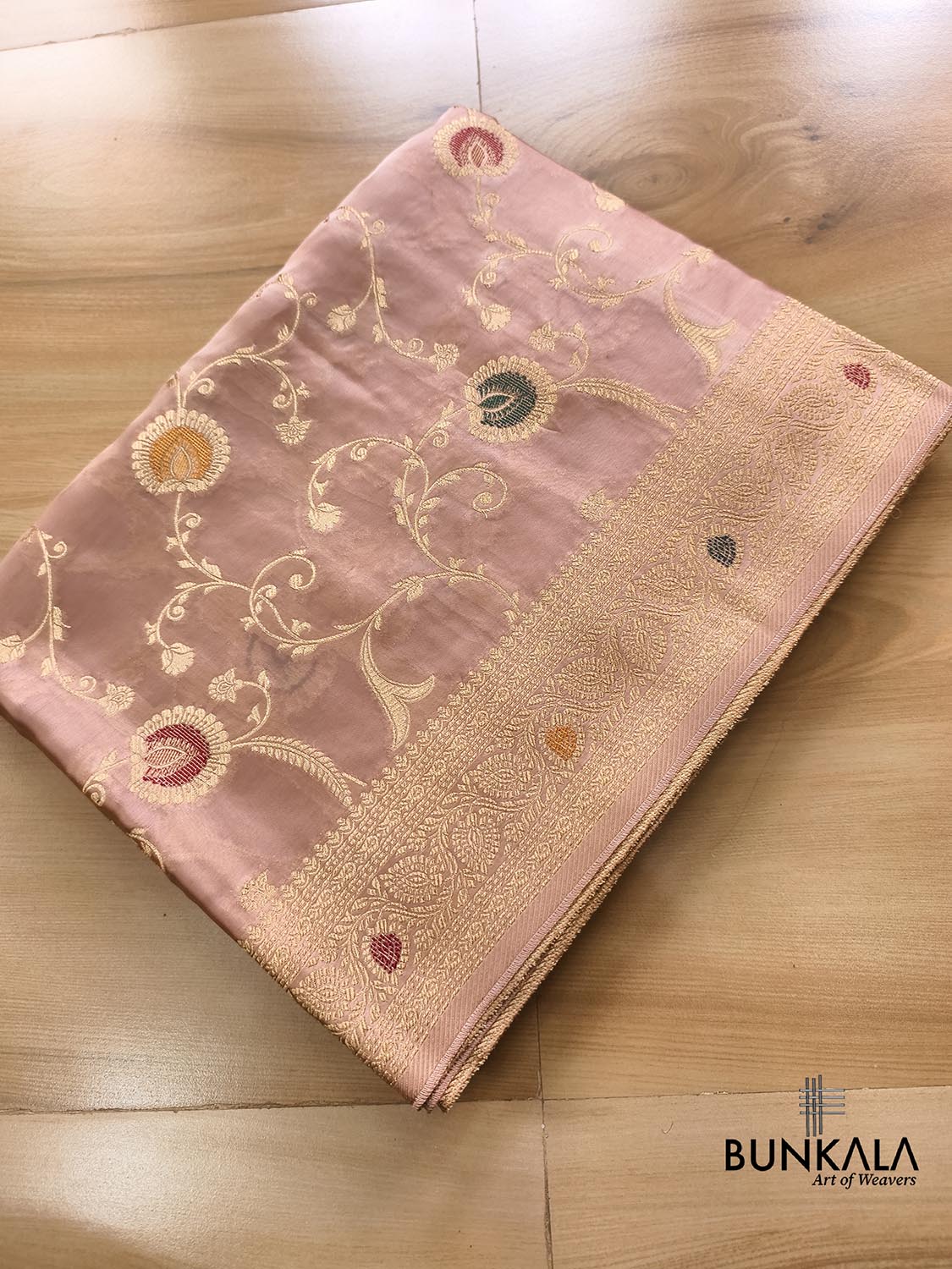 Pastel Peach Meena Jaal Banarasi Mashru Silk Saree