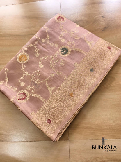 Pastel Peach Meena Jaal Banarasi Mashru Silk Saree