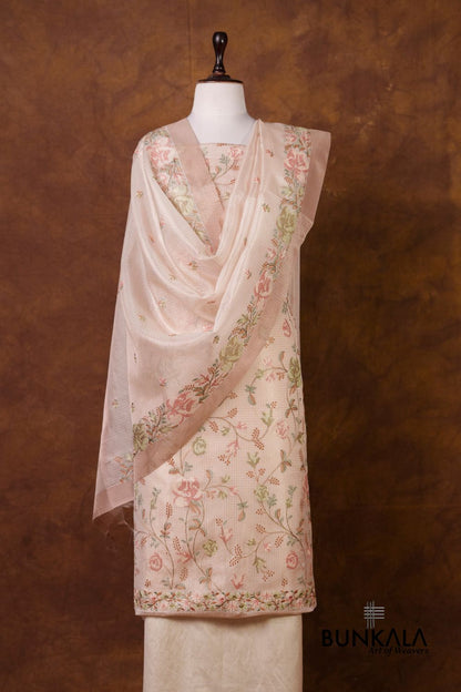 Pastel Peach Multicolour Floral Banarasi Embroidered Kota Silk Unstitched Suit Set 