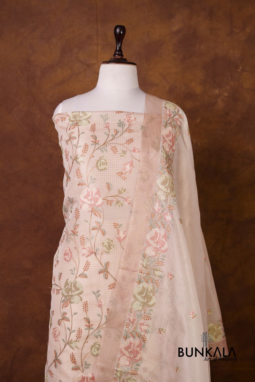 Pastel Peach Multicolour Floral Banarasi Embroidered Kota Silk Unstitched Suit Set 