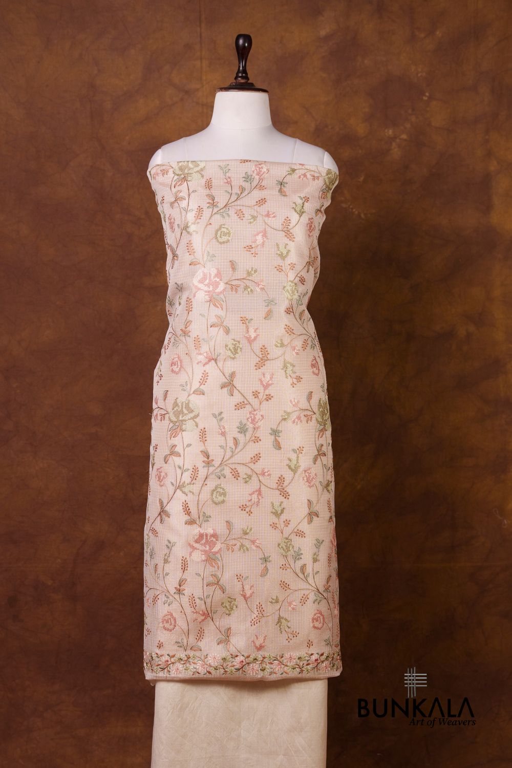 Pastel Peach Multicolour Floral Banarasi Embroidered Kota Silk Unstitched Suit Set 