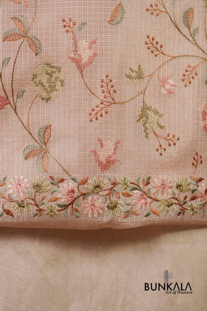 Pastel Peach Multicolour Floral Banarasi Embroidered Kota Silk Unstitched Suit Set 