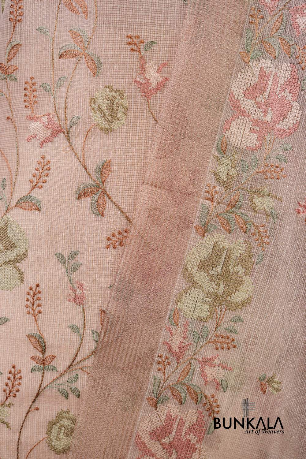 Pastel Peach Multicolour Floral Banarasi Embroidered Kota Silk Unstitched Suit Set 