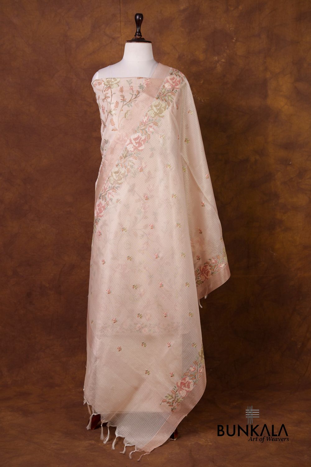 Pastel Peach Multicolour Floral Banarasi Embroidered Kota Silk Unstitched Suit Set 
