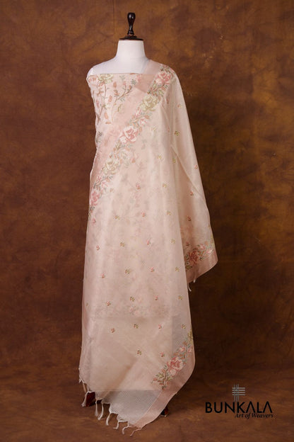 Pastel Peach Multicolour Floral Banarasi Embroidered Kota Silk Unstitched Suit Set 