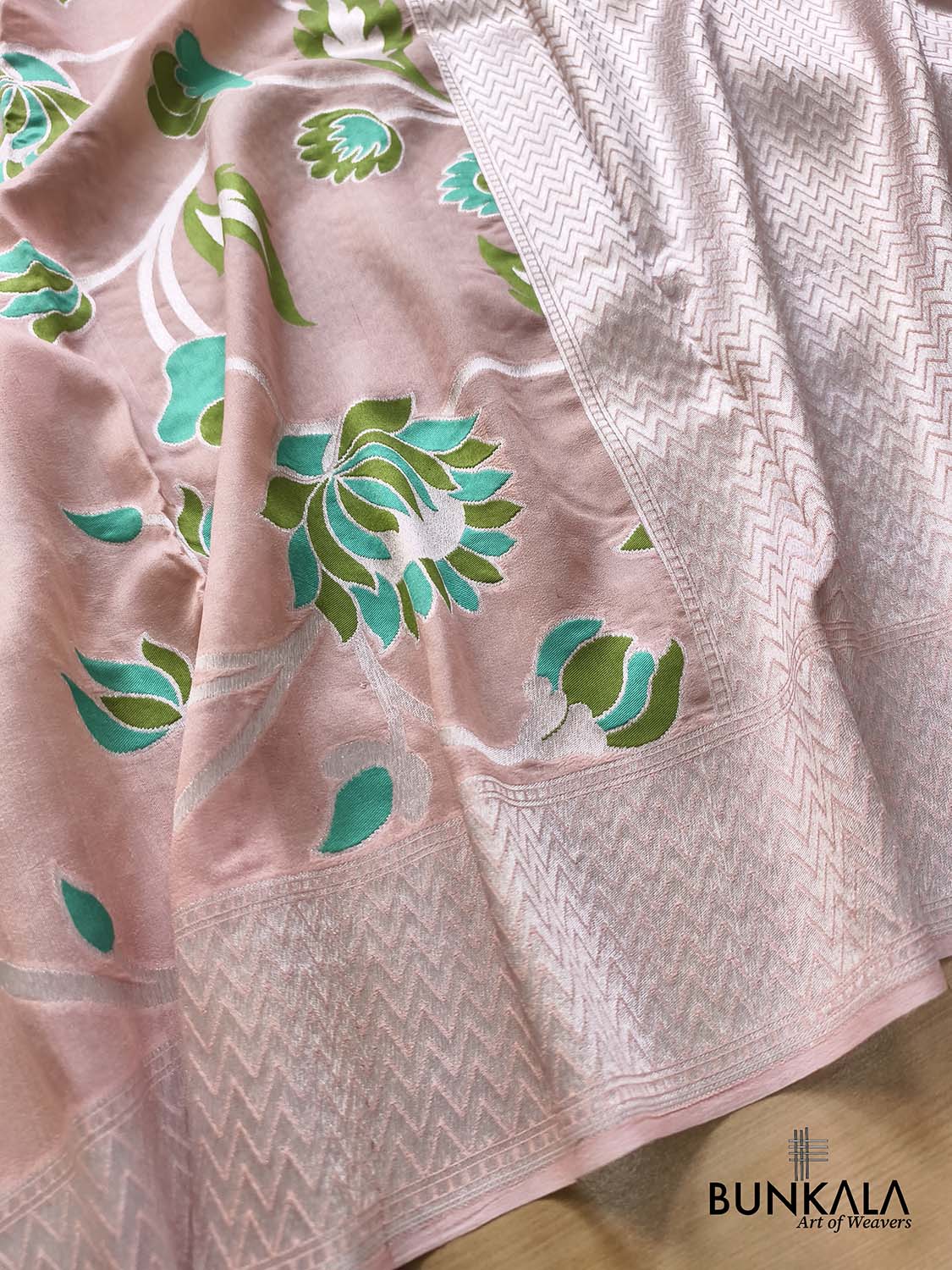 Pastel Peach Silver Zari Green Meena Floral Handloom Banarasi Pure Tussar Silk Saree