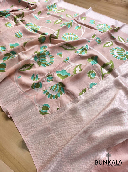 Pastel Peach Silver Zari Green Meena Floral Handloom Banarasi Pure Tussar Silk Saree