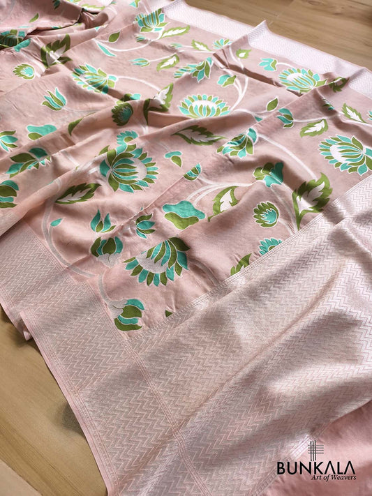 Pastel Peach Silver Zari Green Meena Floral Handloom Banarasi Pure Tussar Silk Saree