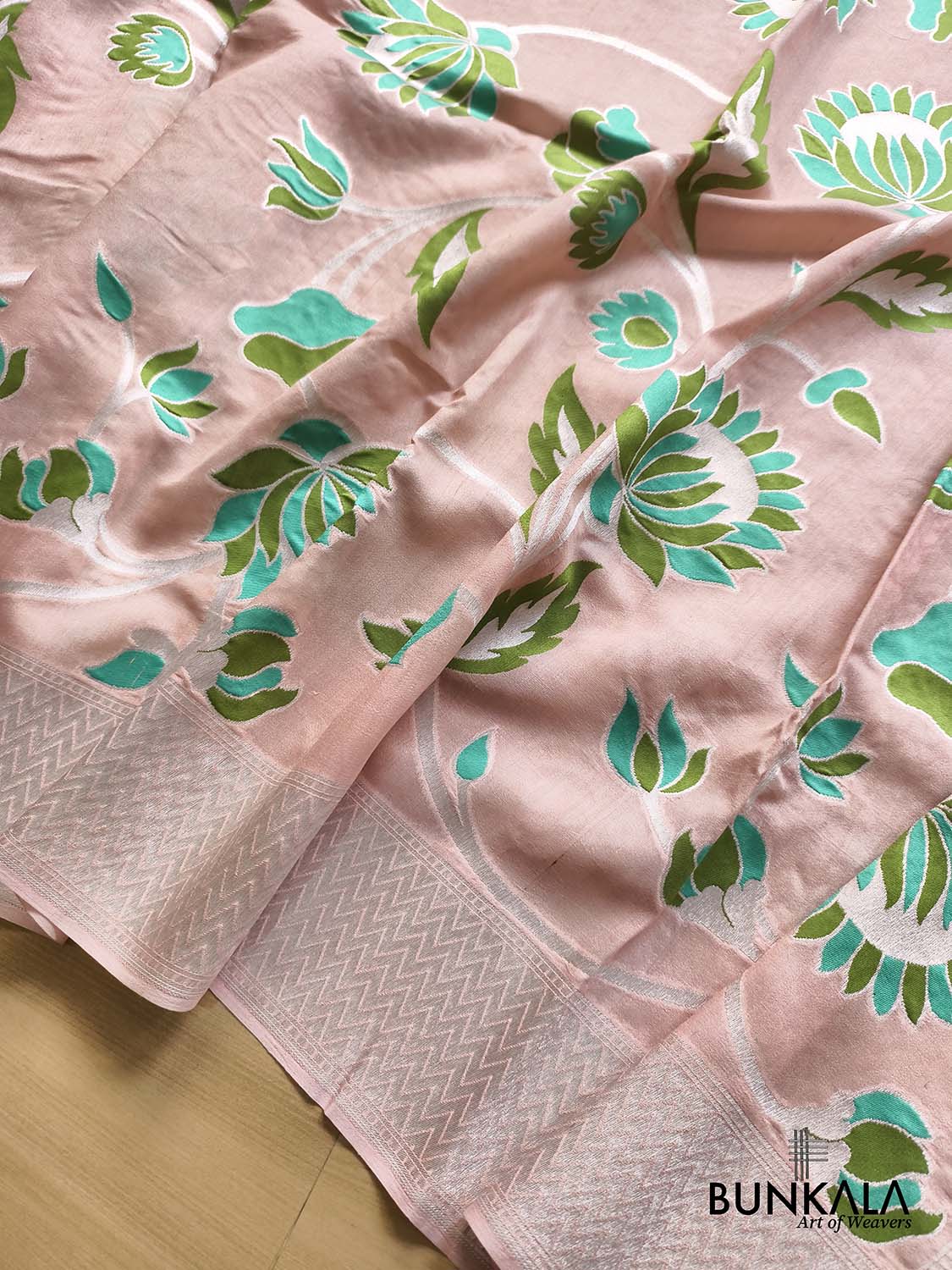 Pastel Peach Silver Zari Green Meena Floral Handloom Banarasi Pure Tussar Silk Saree