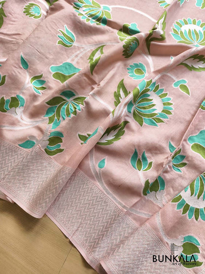 Pastel Peach Silver Zari Green Meena Floral Handloom Banarasi Pure Tussar Silk Saree