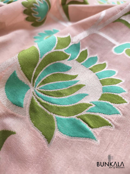 Pastel Peach Silver Zari Green Meena Floral Handloom Banarasi Pure Tussar Silk Saree
