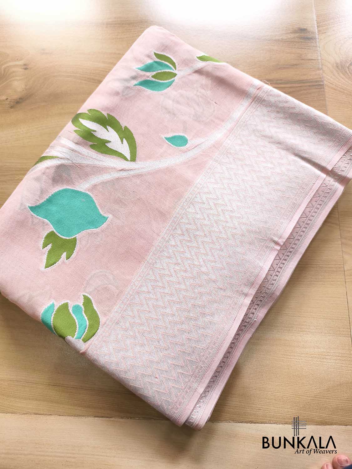 Pastel Peach Silver Zari Green Meena Floral Handloom Banarasi Pure Tussar Silk Saree