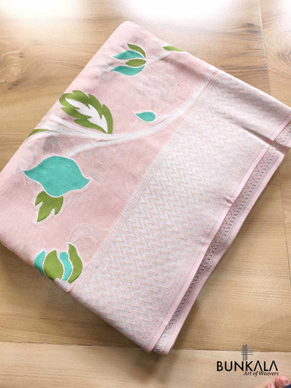 Pastel Peach Silver Zari Green Meena Floral Handloom Banarasi Pure Tussar Silk Saree