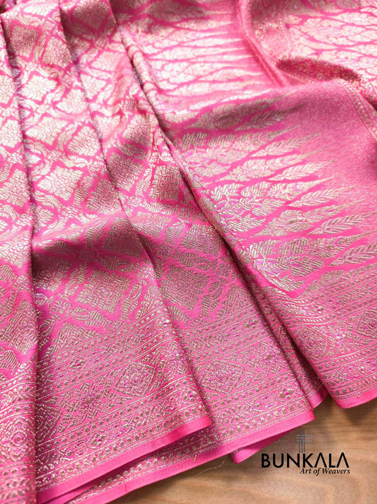 Pastel Pink Brocade Weaved Banarasi Mashru Silk Saree 