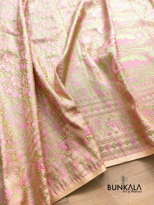 Peach Banarasi Meena Jamewar Weaved Mashru Silk Saree 