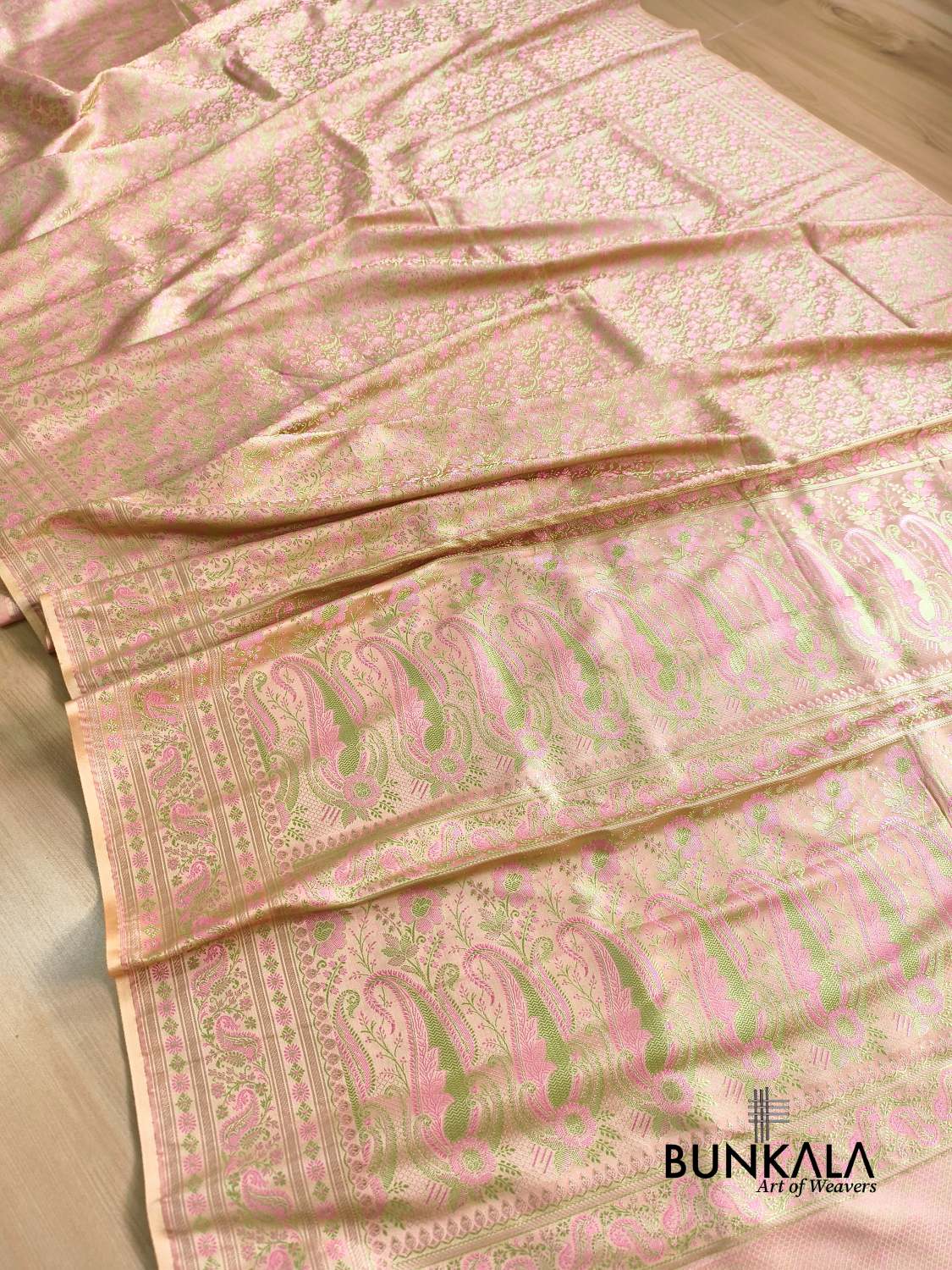 Peach Banarasi Meena Jamewar Weaved Mashru Silk Saree 