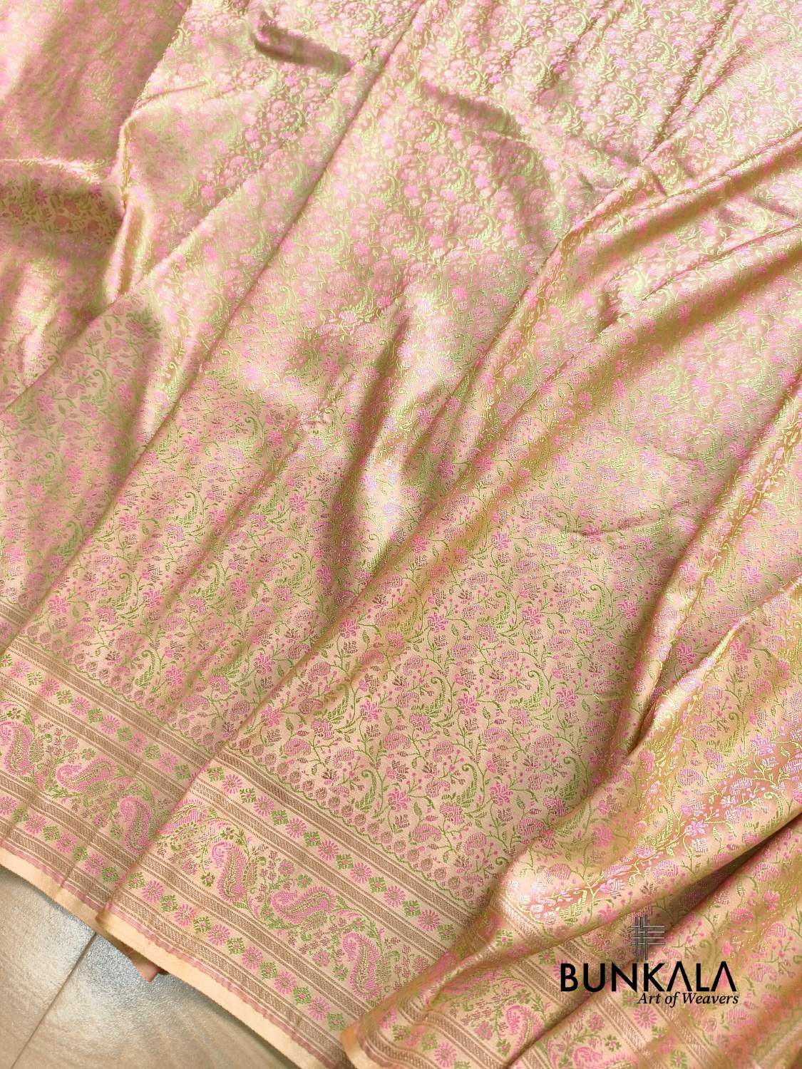 Peach Banarasi Meena Jamewar Weaved Mashru Silk Saree 