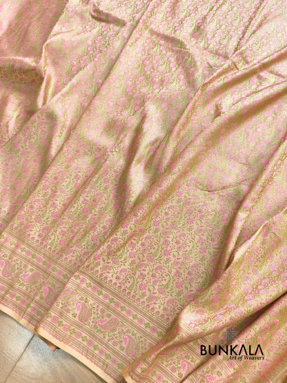 Peach Banarasi Meena Jamewar Weaved Mashru Silk Saree 