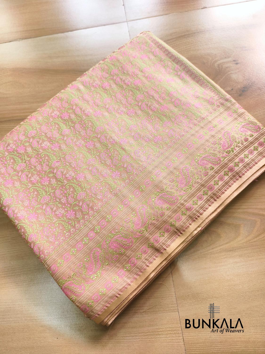 Peach Banarasi Meena Jamewar Weaved Mashru Silk Saree 