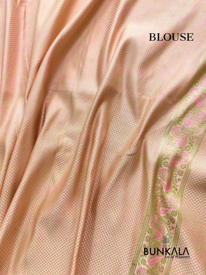 Peach Banarasi Meena Jamewar Weaved Mashru Silk Saree 