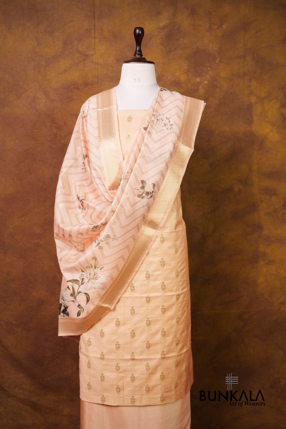 Peach Buti Banarasi Pure Cotton Silk Unstitched Suit Set 