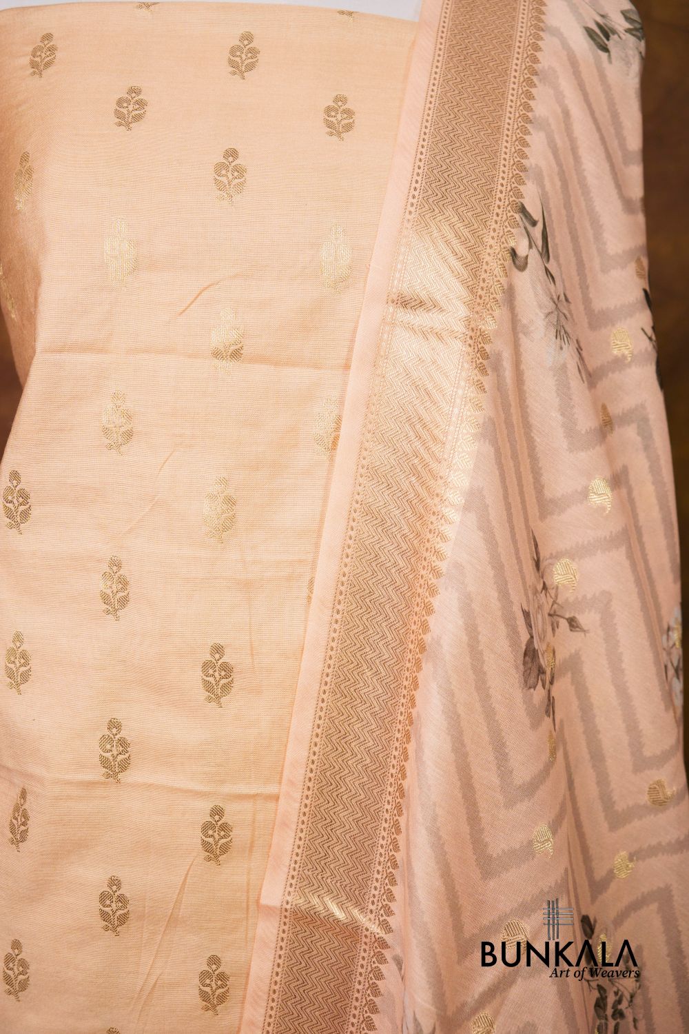 Peach Buti Banarasi Pure Cotton Silk Unstitched Suit Set 