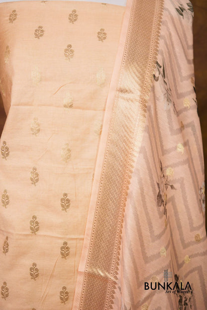 Peach Buti Banarasi Pure Cotton Silk Unstitched Suit Set 