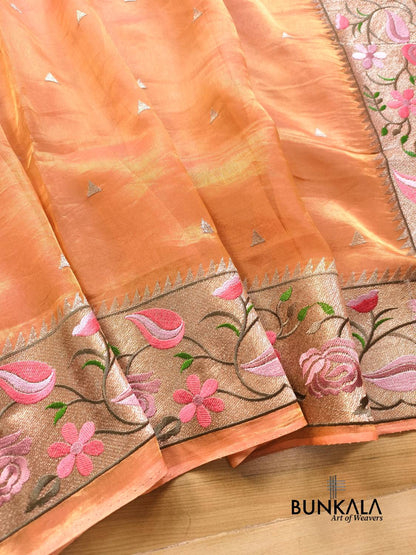 Peach Multicolour Paithani Border Banarasi Embroidery Tissue Silk Saree