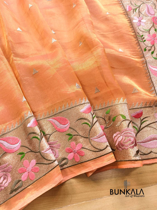Peach Multicolour Paithani Border Banarasi Embroidery Tissue Silk Saree