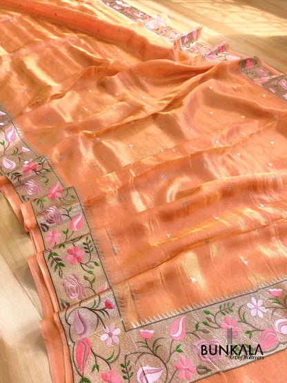 Peach Multicolour Paithani Border Banarasi Embroidery Tissue Silk Saree