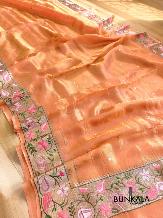 Peach Multicolour Paithani Border Banarasi Embroidery Tissue Silk Saree