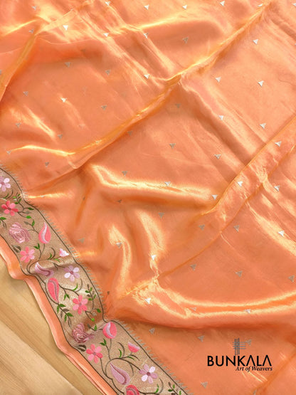 Peach Multicolour Paithani Border Banarasi Embroidery Tissue Silk Saree