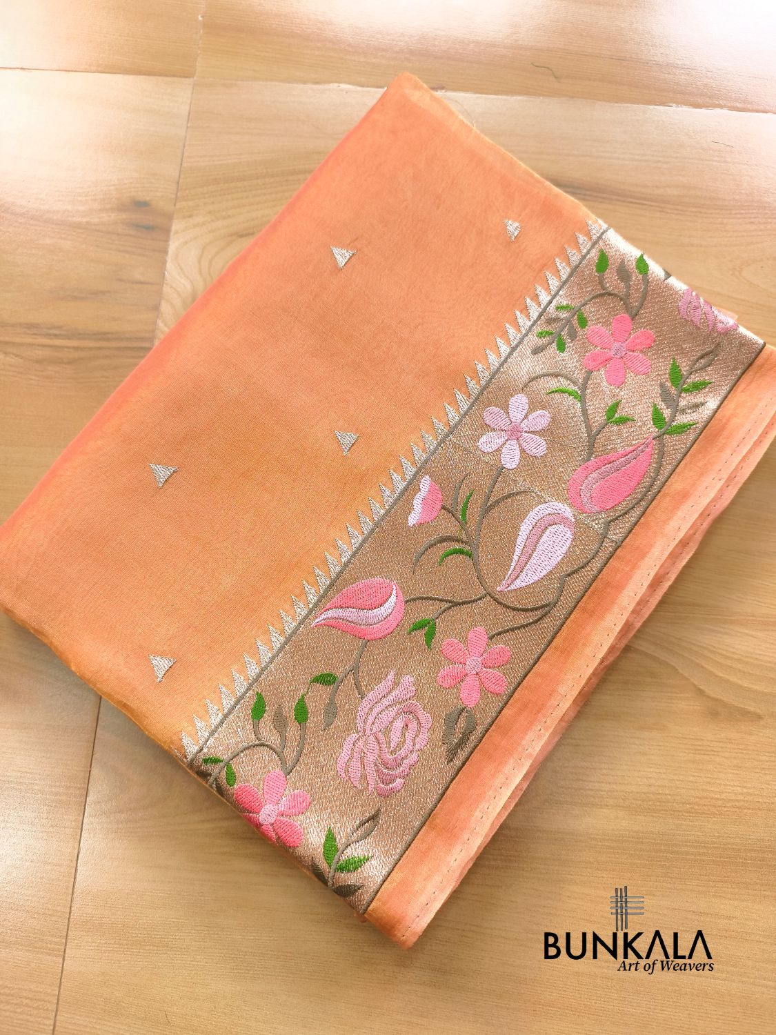 Peach Multicolour Paithani Border Banarasi Embroidery Tissue Silk Saree