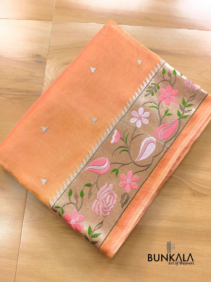 Peach Multicolour Paithani Border Banarasi Embroidery Tissue Silk Saree