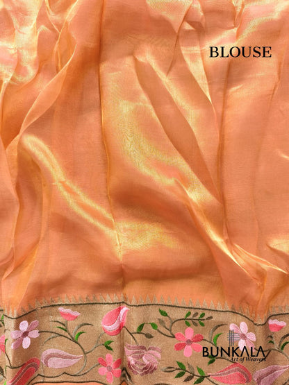Peach Multicolour Paithani Border Banarasi Embroidery Tissue Silk Saree