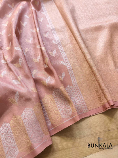 Peach Pink Leaf Buti Banarasi Tissue Silk Saree