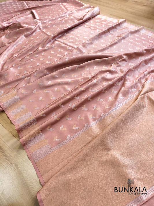 Peach Pink Leaf Buti Banarasi Tissue Silk Saree