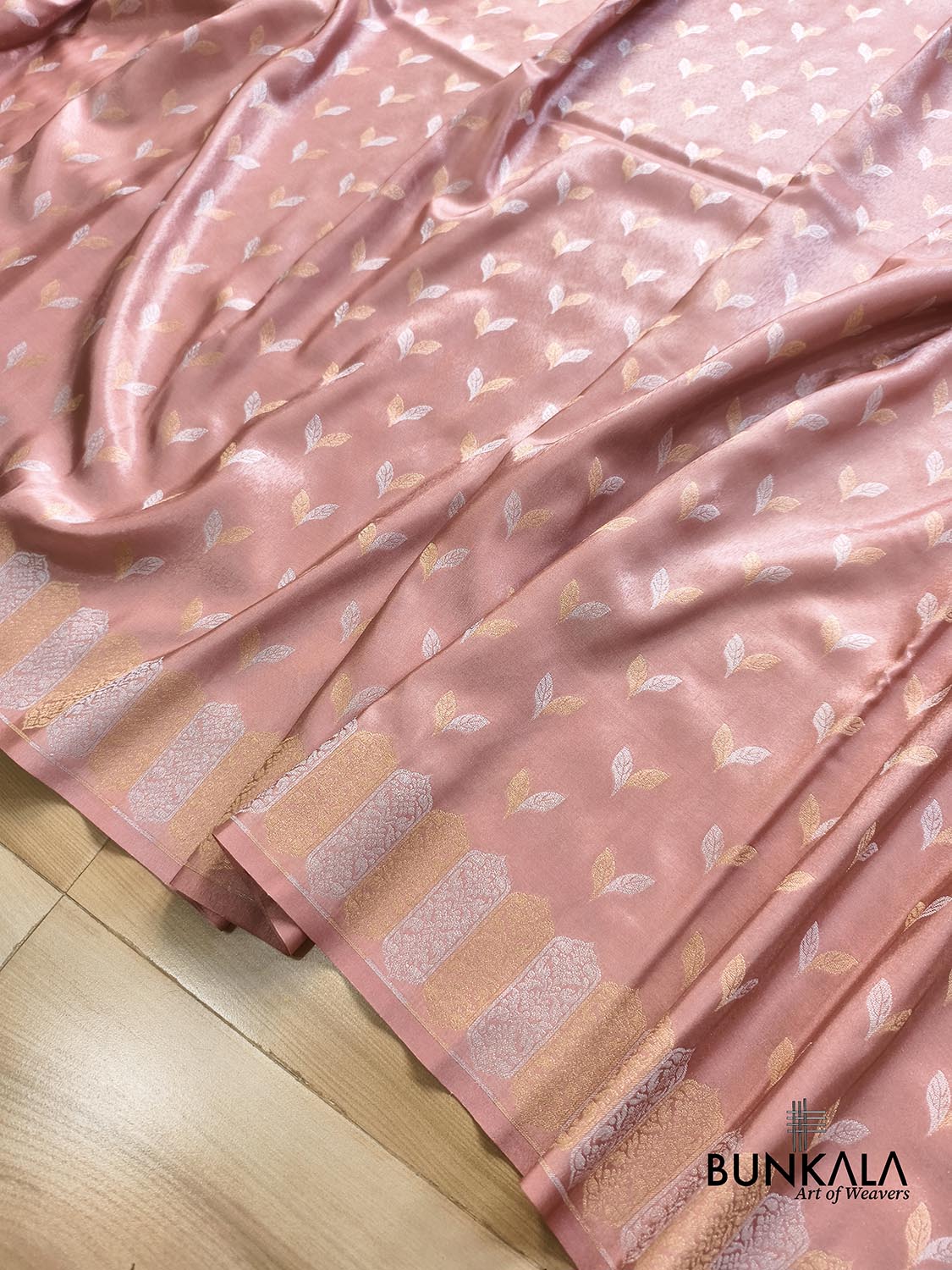 Peach Pink Leaf Buti Banarasi Tissue Silk Saree