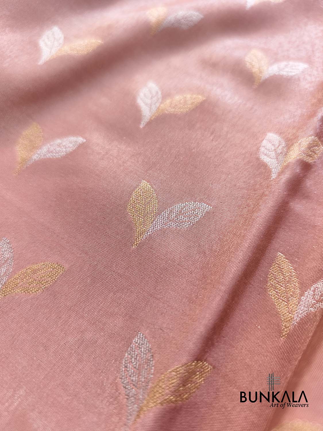 Peach Pink Leaf Buti Banarasi Tissue Silk Saree