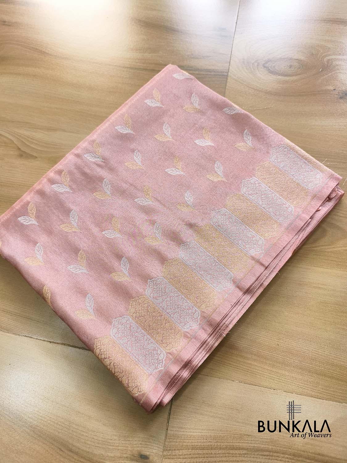 Peach Pink Leaf Buti Banarasi Tissue Silk Saree