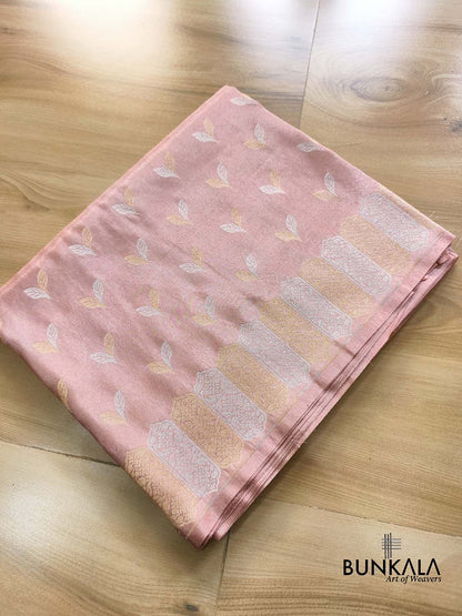 Peach Pink Leaf Buti Banarasi Tissue Silk Saree