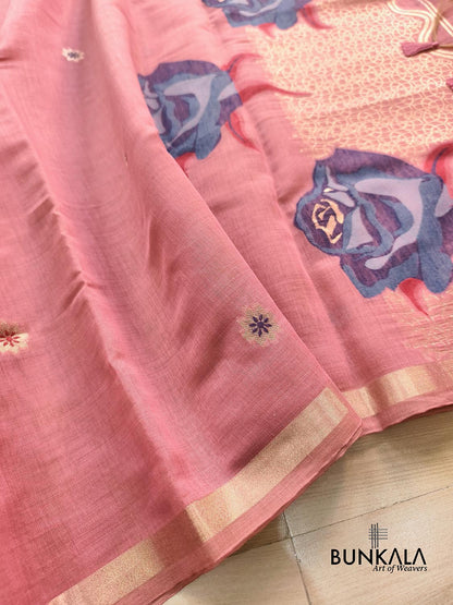 Peach Pink Rose Pallu Weaved Banarasi Cotton Saree
